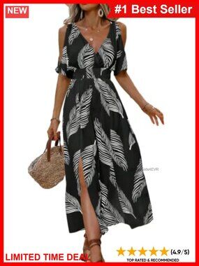 Women's Tropical Maxi Dress V-Neck Short Sleeve Beach Vacation Sundress